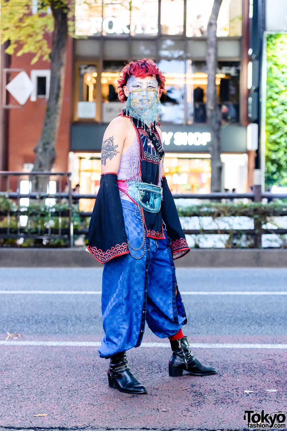 Japanese Streetwear Style w/ Face Art, Flared Arm Guards, Collared Shirt Panel, See-Through Waist Bag & Leather Boots