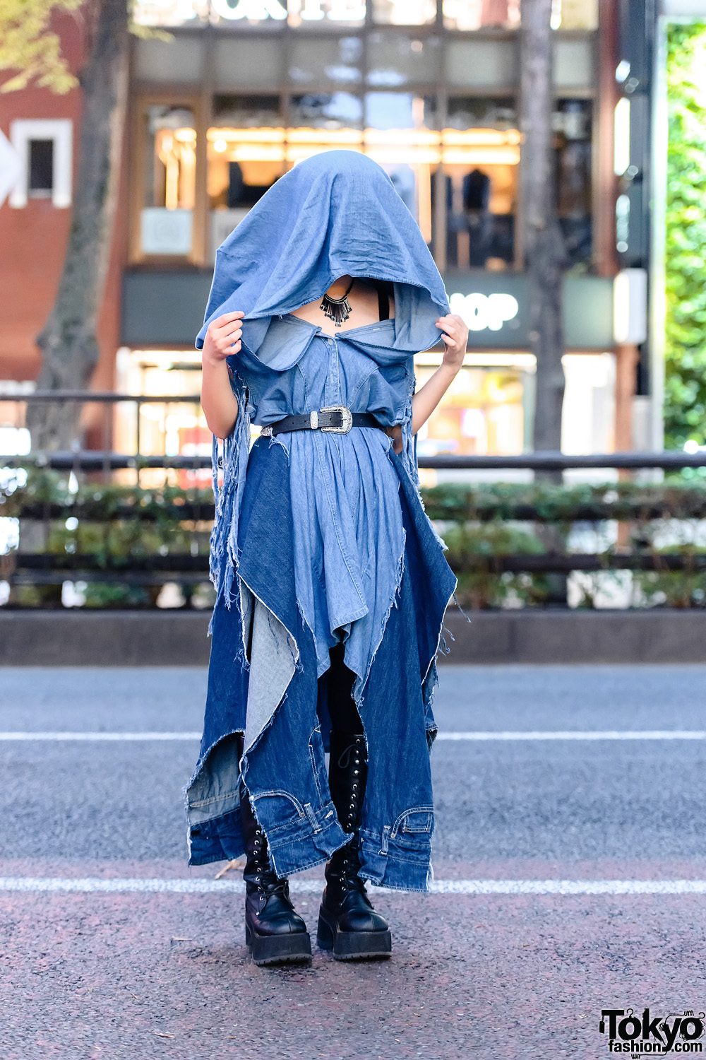 Deconstructed Denim Tokyo Street Style w/ Fringe Necklace, Handmade Hooded Dress, Black Tights & Demonia Knee-High Boots
