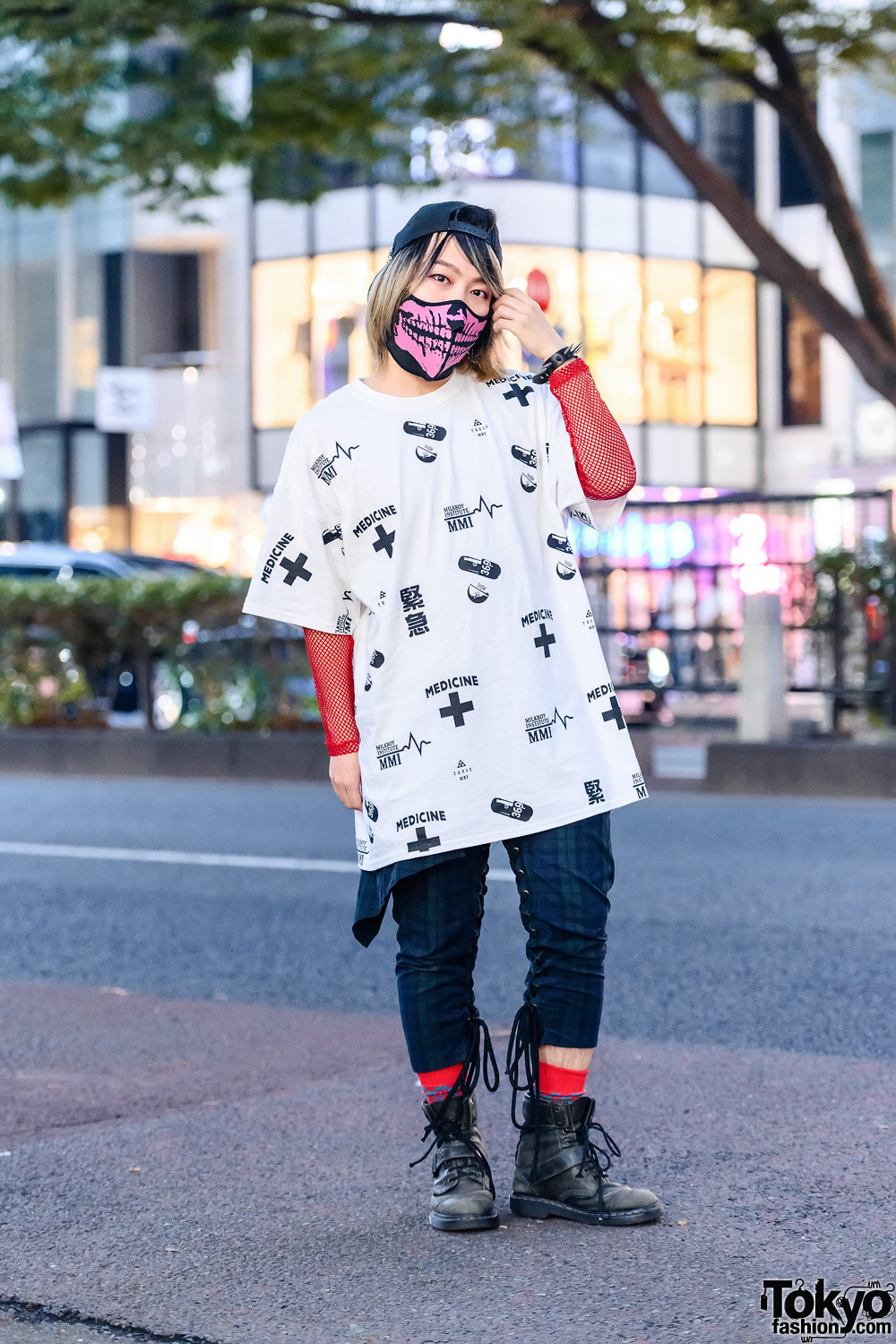Milkboy Casual Tokyo Streetwear Style w/ Two-Tone Bob, Skull Mask, Fishnet Sleeves, Laced Plaid Pants & Dr. Martens Boots