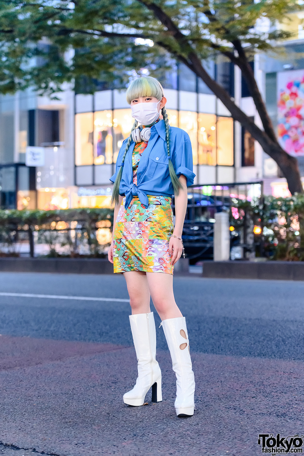 Harajuku Street Style w/ Twin Pastel Braids, Beats Headphones, Rosary Bracelet, Kilo Shop Shirt, Pinnap Dress & OK Cutout Boots