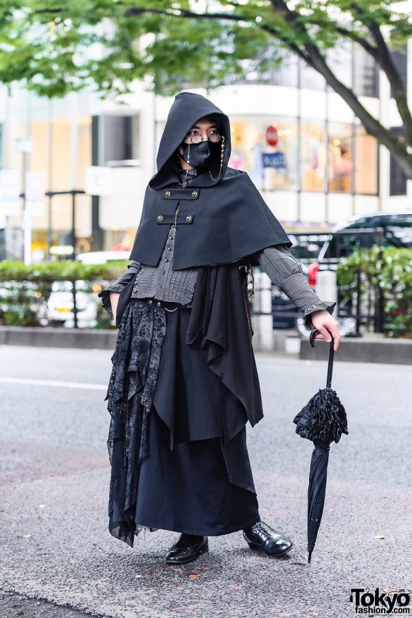 Dark Tokyo Gothic Street Style w/ Atelier BOZ Hooded Cape, Moi-Meme-Moitie Asymmetric Skirt, Ruffle Umbrella & Dress Shoes