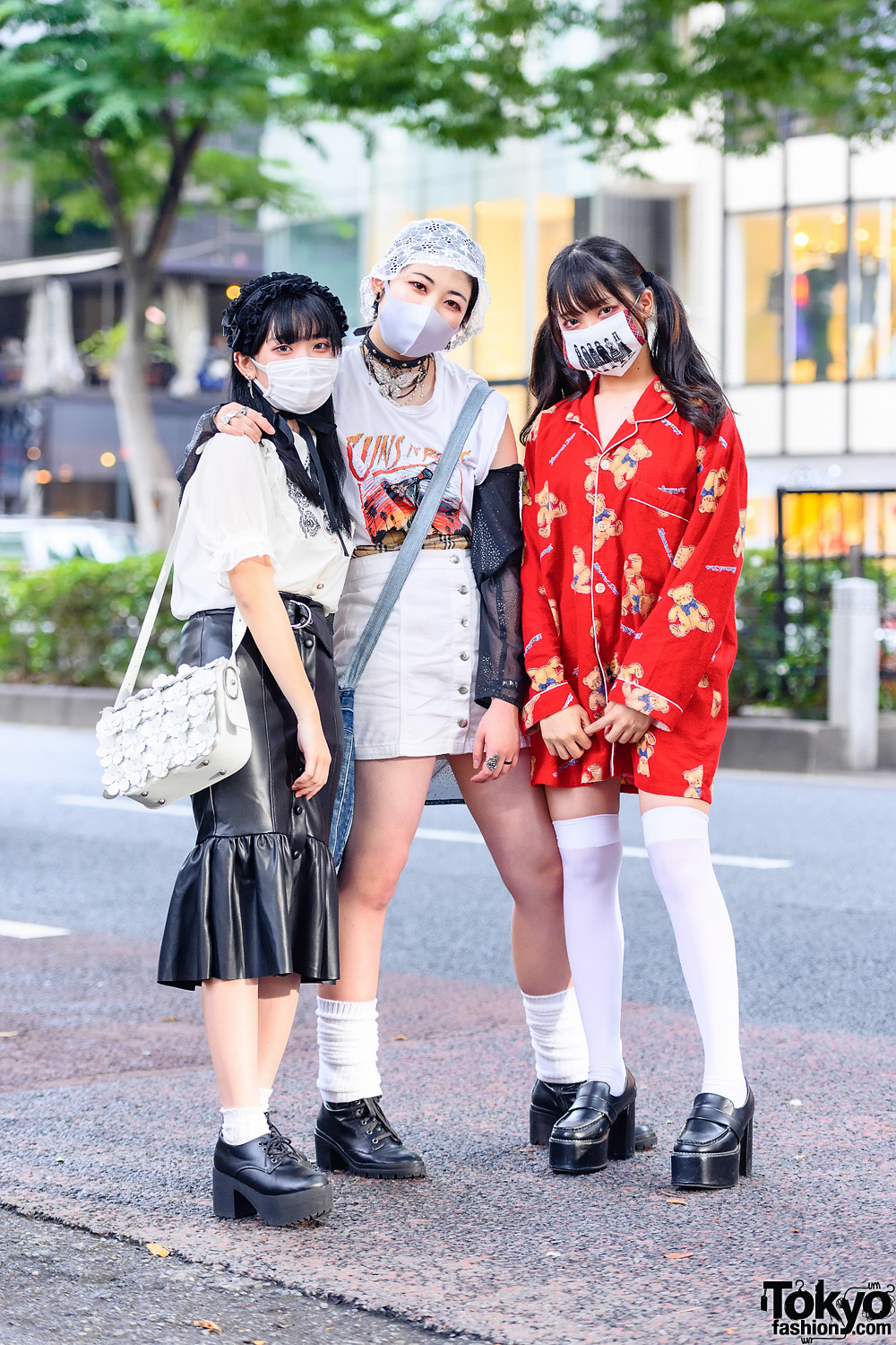 Tokyo Trio Streetwear Styles w/ Lace Headdress, Bucket Hat, Axes Femme, Bershka Faux Leather Skirt, H&M Guns N'Roses Shirt, Teddy Bear Pajama Top, Denim Bag, Tokyo Bopper & Leather Footwear