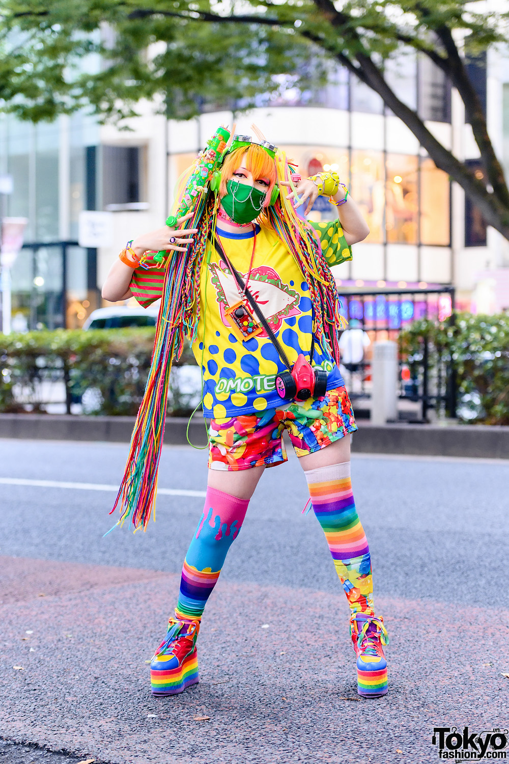 Colorful Harajuku Fashion w/ Rainbow Hair Falls, ACDC Rag Clothing, YRU Platforms, Aika Electronics, 6%DOKIDOKI Bracelet & Handmade Accessories