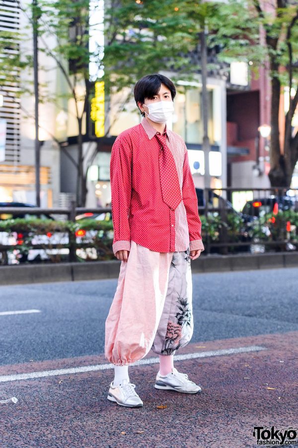 Half Print Menswear Street Style in Tokyo w/ Face Mask, Hoop Earrings, Beams Shirt, Remake Kimono Pants, Resale Necktie & Metallic Sneakers