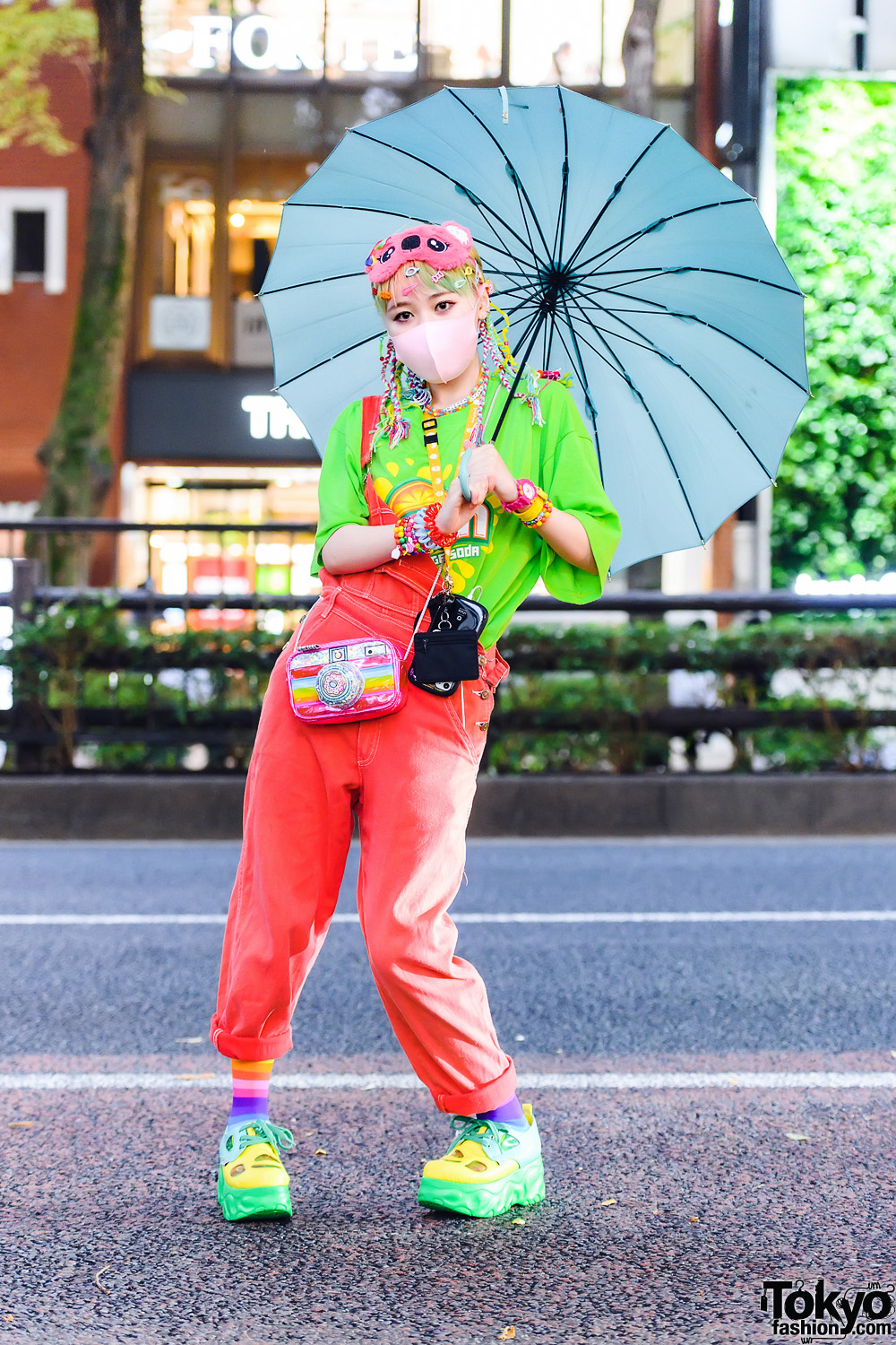 Kawaii Harajuku Street Style w/ Yarn Hair Falls, Mask, Umbrella, Resale, Cuffed Overalls, Claire's Camera Bag & Yosuke Platforms