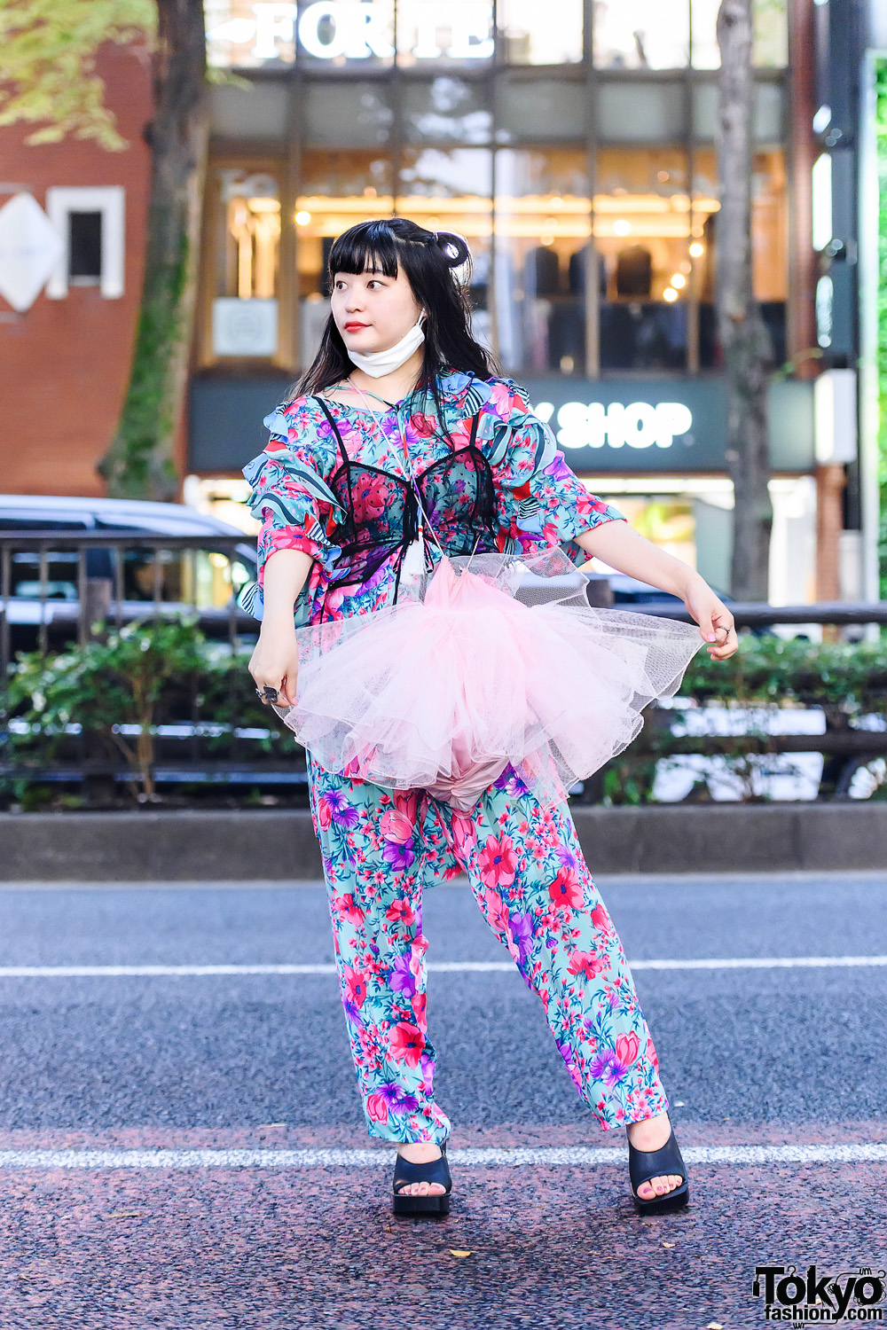 Diane Freis Floral Print Coords in Harajuku w/ Twin Buns, Sheer Lingerie Top, Mom's Disappointment Tulle Bag & Sometimes Store Peep-Toe Heeled Slides
