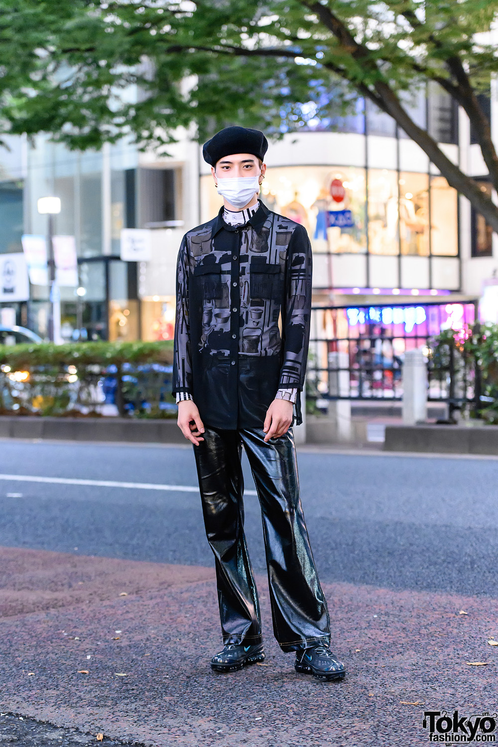 All Black Tokyo Street Style w/ Black Beret, Sheer Shirt, Linder