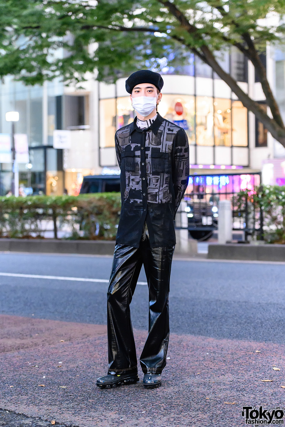 All Black Tokyo Street Style w/ Black Beret, Sheer Shirt, Linder ...