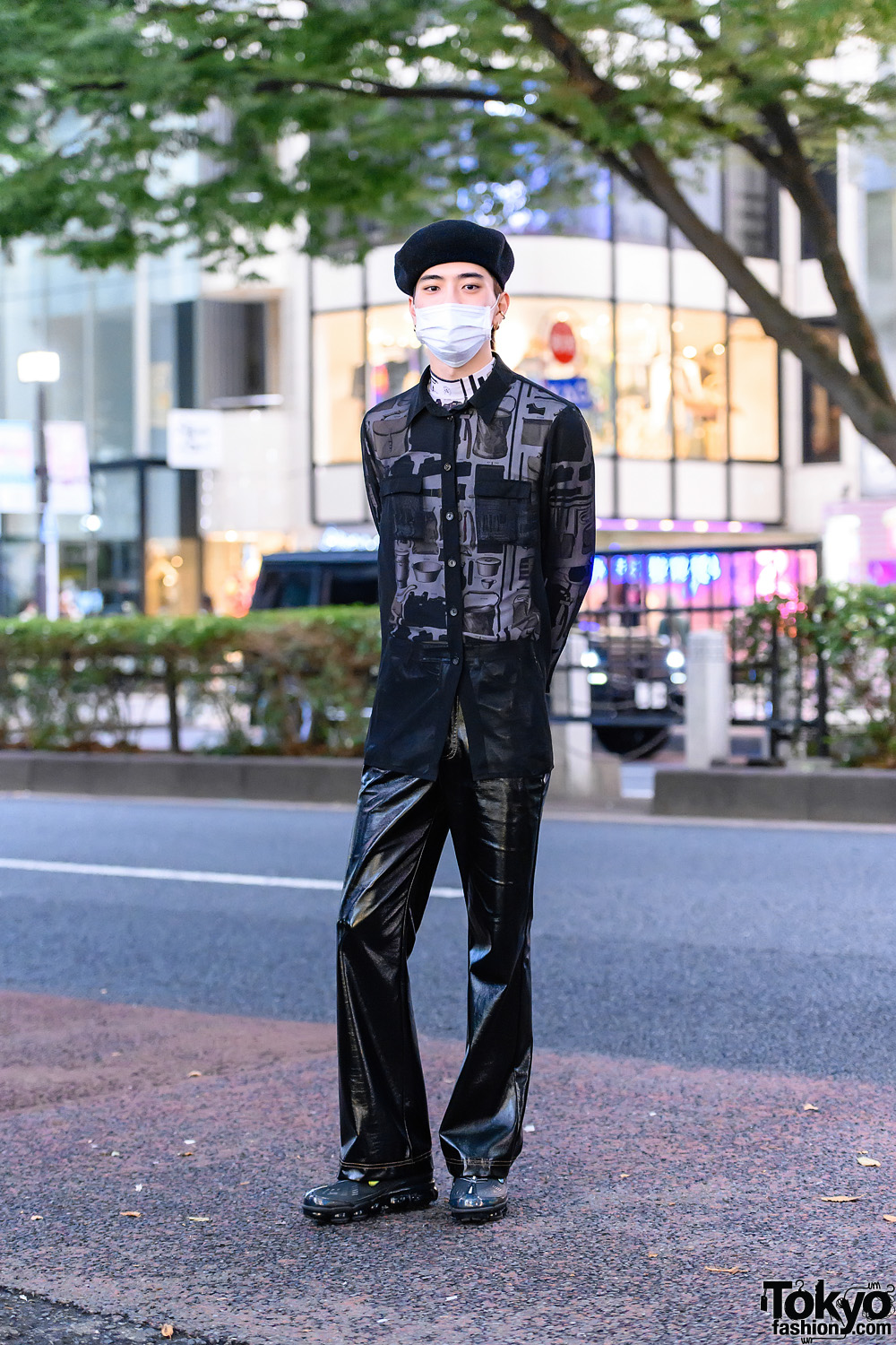 All Black Tokyo Street Style w/ Black Beret, Sheer Shirt, Linder