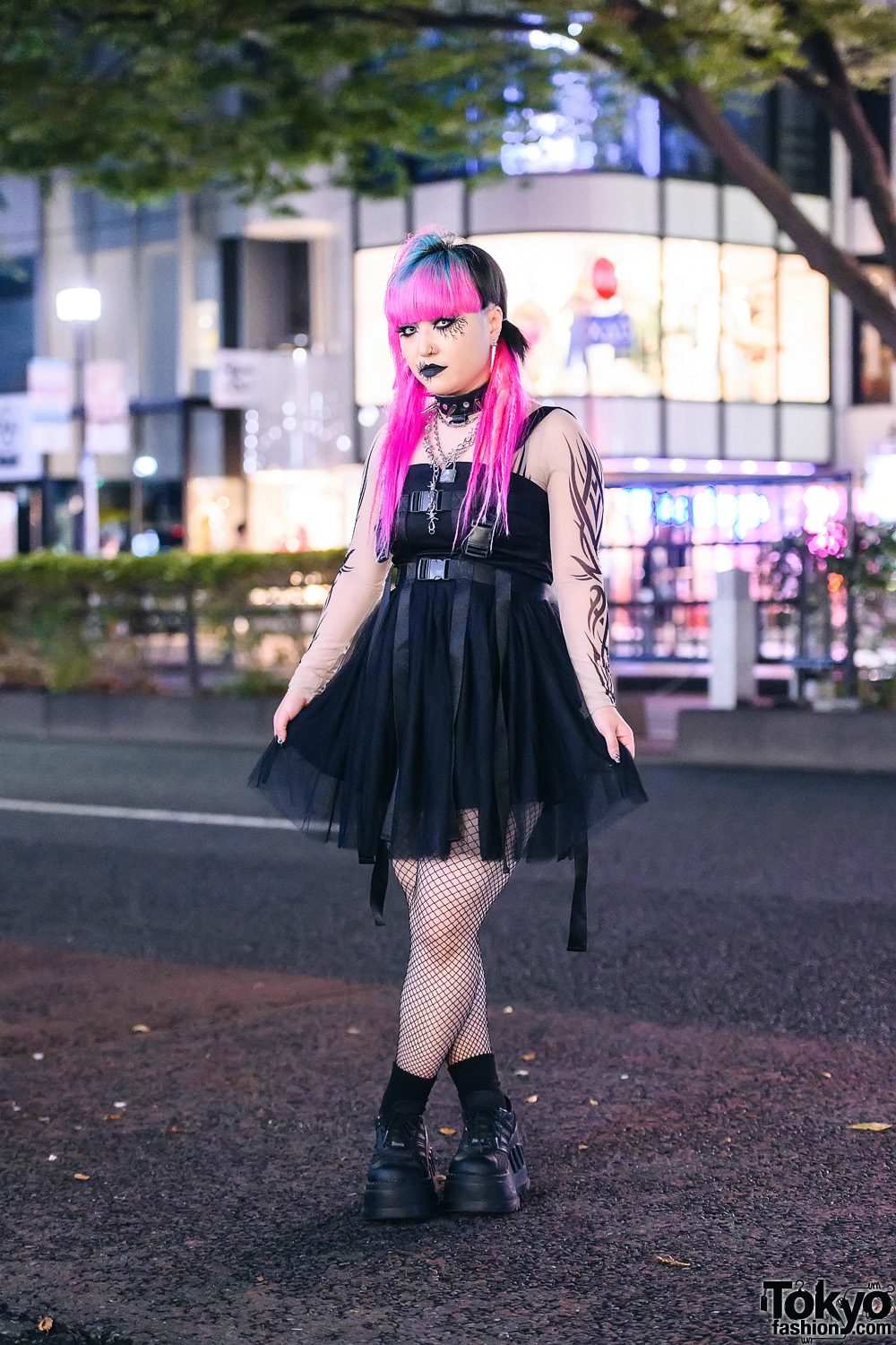 Goth Punk Tokyo Street Style w/ Cyber Hair, Cracked Makeup, Disturbia Clothing Spiked Choker, Tattoo Sleeve Shirt, Punk Rave Harness Dress, Fishnets & Demonia