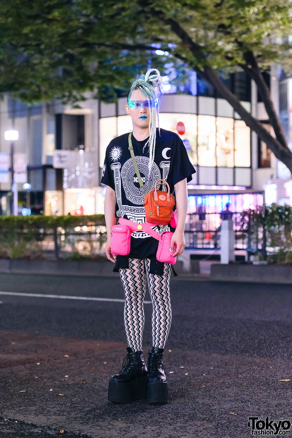 Harajuku Streetwear Style w/ Braided Hairstyle, LED Visor Glasses, Blue Lipstick, KTZ Shirt, Chevron Print Tights, Acne Studios, Cyberdog & Platform Boots