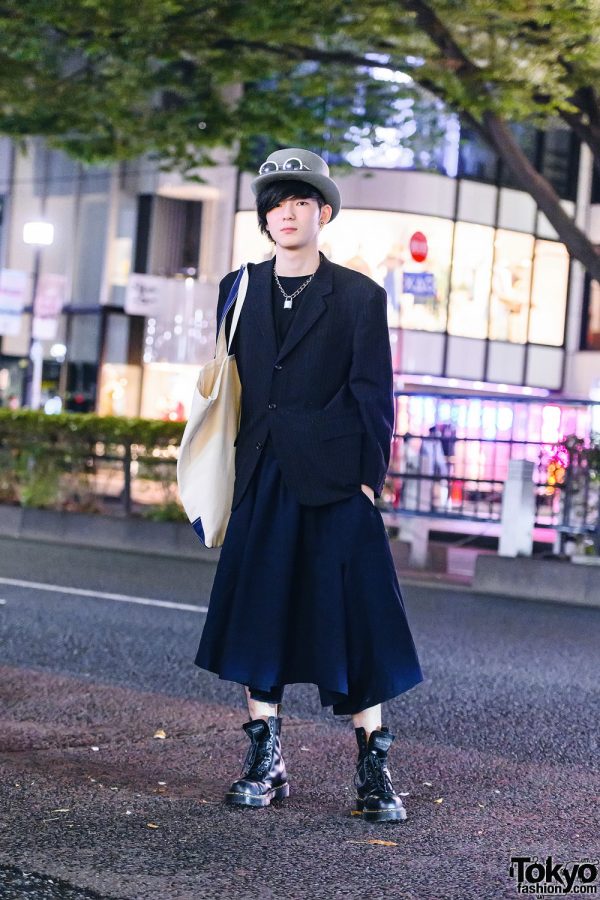 Comme des Garcons Harajuku Menswear Street Style w/ Fedora Hat, Lock Necklace, Pinstripe Blazer, Asymmetric Skirt, Anrealage Oversized Tote & Dr. Martens Boots
