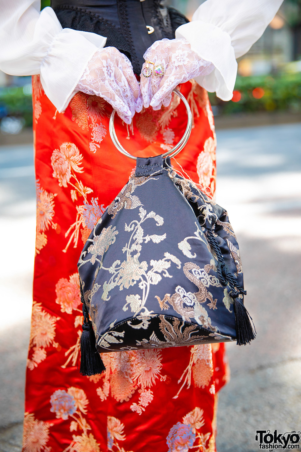 Tokyo Girl Corset Dress Street Style w/ Pink Hair, Red Print Dress 