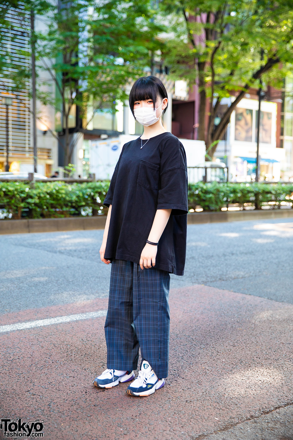 Casual Street Style in Harajuku w/ Undercut Fringed Ponytail, Face Mask, Oversized Pocket T-Shirt, Plaid Pants & Adidas Chunky Sneakers