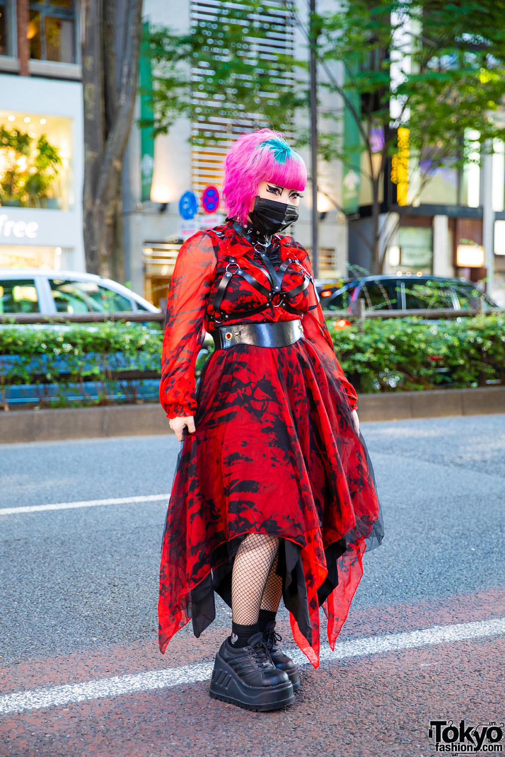 Harajuku Graphic Streetwear Style w/ Tri-Color Undercut, Purple Contacts, Black Eye Makeup, Punk Rave Handkerchief Dress, Fishnets, Leather Harness & Demonia Platforms