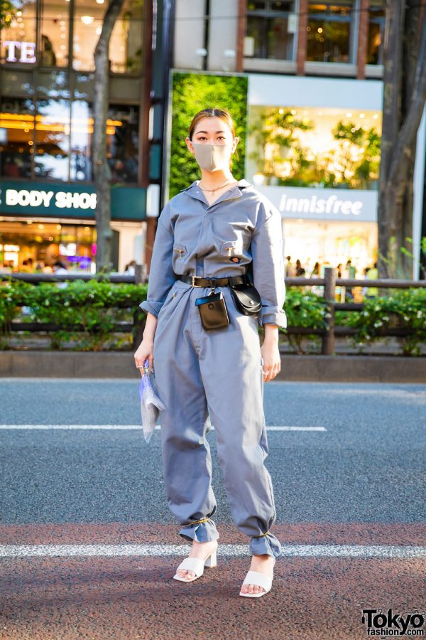 Chic Japanese Streetwear Style w/ Cloth Mask, Collar Necklace, Diesel Jumpsuit, Zara Belt Bag, Handmade Bubble Wrap Clutch & Zara Ankle-Wrap Sandals