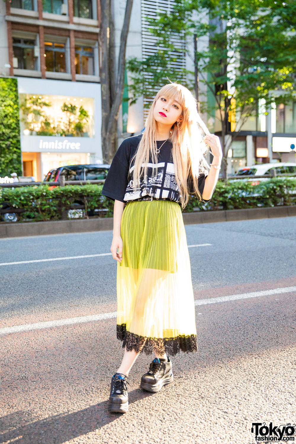 Tokyo Girl Street Style in Cote Mer Graphic Shirt, Armani Exchange Sheer Skirt, Yosuke Platform Shoes & Bless Jewelry