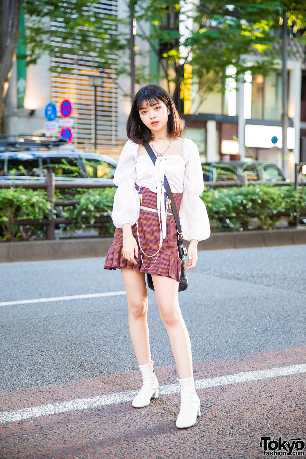 Tokyo Girl Plaid Fashion w/ Ruffled Long Sleeves, Nodress Plaid Skirt, Coach Crossbody Bag, White Boots & Unperfect Accessories