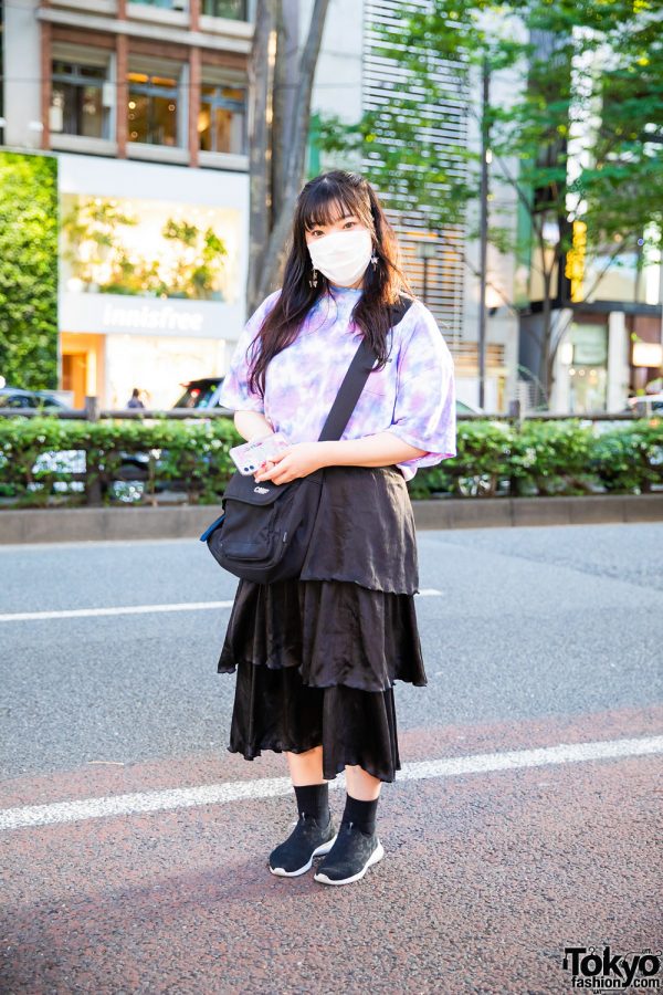 Harajuku Casual Style w/ WEGO Tie Dye Shirt, Tiered Long Skirt, Slip-On Sneakers, Calif Messenger Bag & Spinns Accessories