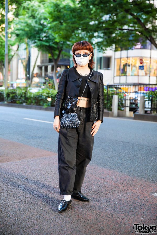 All Black Harajuku Streetwear Style w/ Cat Eye Sunglasses, Tattoos, Moschino Sequin Jacket, Uniqlo Boyfriend Jeans, Zara Cropped Top, Vintage Bead Bag & Pointy Shoes