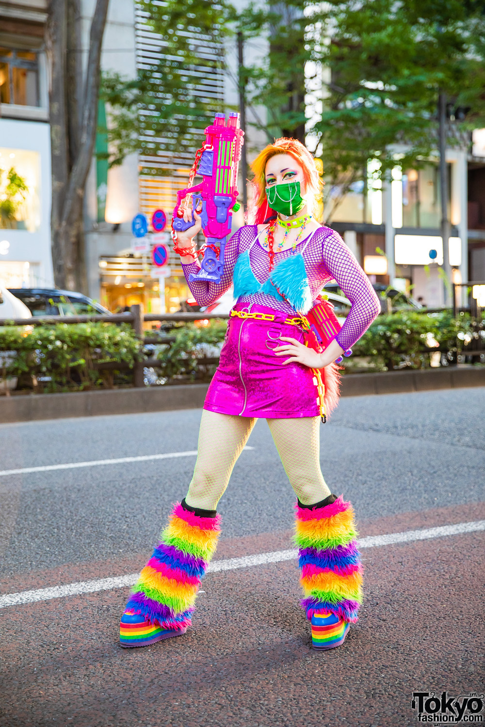 Harajuku Rainbow Fashion w/ Colorful Hair, Inked Doll Cosmetics, Daiso Water Guns, Spencer's, Kol Me Baby Mini Skirt, Handmade Fashion & YRU Rainbow Platforms