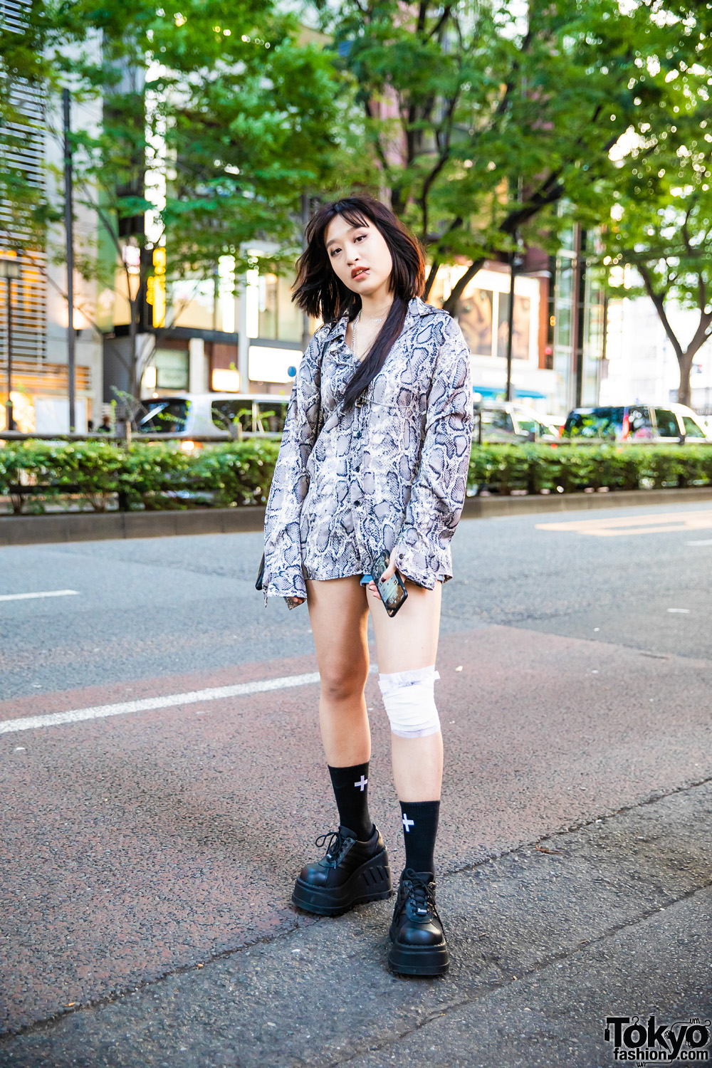 Harajuku Girl Streetwear Style w/ Lip Ring, Dermal Piercing, Chain Harness, Snakeskin Print Shirt, Sling Bag & Demonia Platform Shoes