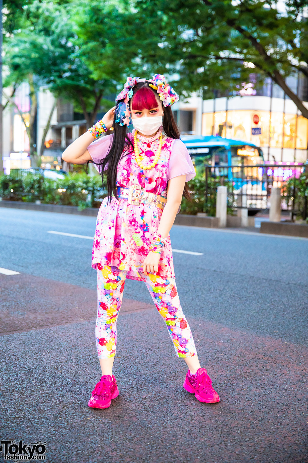 Pink Decora Fashion w/ Twin Tails, Hair Clips, 6%DOKIDOKI Printed Top and Pants, 6%DOKIDOKI Accessories & Adidas Sneakers