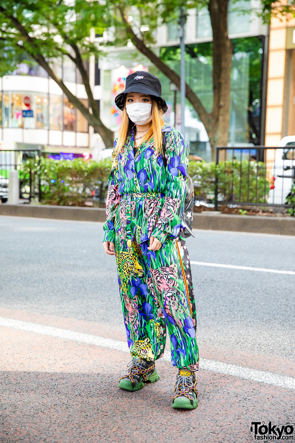 Tokyo Gucci Streetwear Style w/ Thuglife Reversible Bucket Hat, Barbed Wire Necklace, Feline Garden Print Suit, Moschino Backpack & Gucci Flashtrek Jewel Sneakers