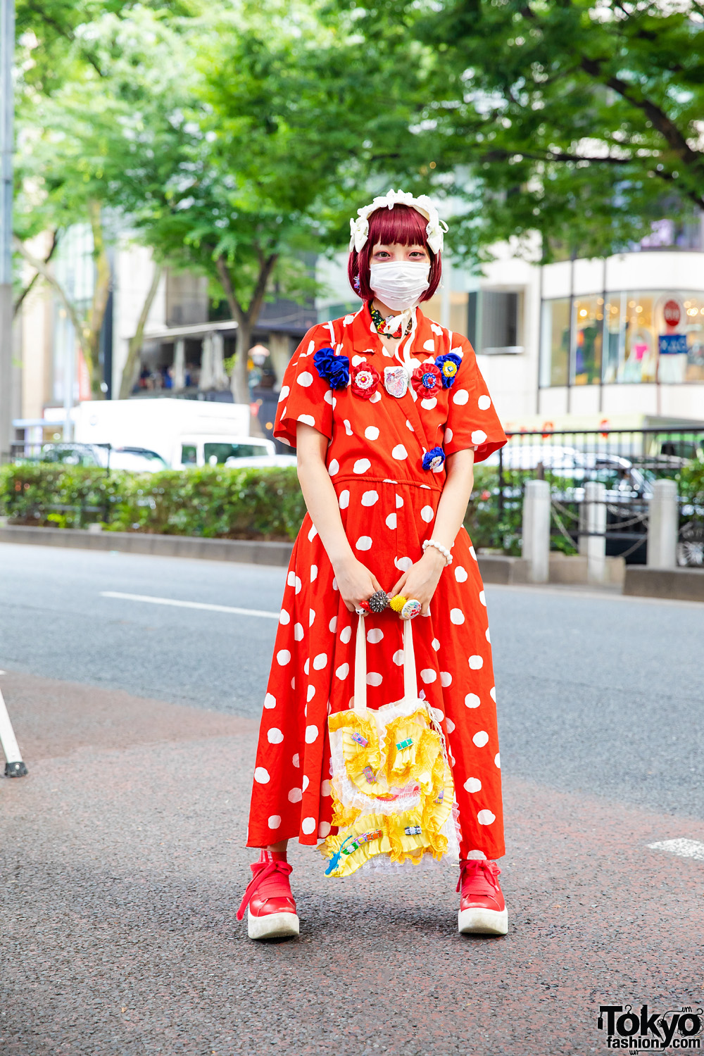 Polka Dots Japanese Street Style w/ Baby, The Stars Shine Bright Bows, Pom Pom Earrings, Handmade Bags & Tokyo Bopper Sneakers