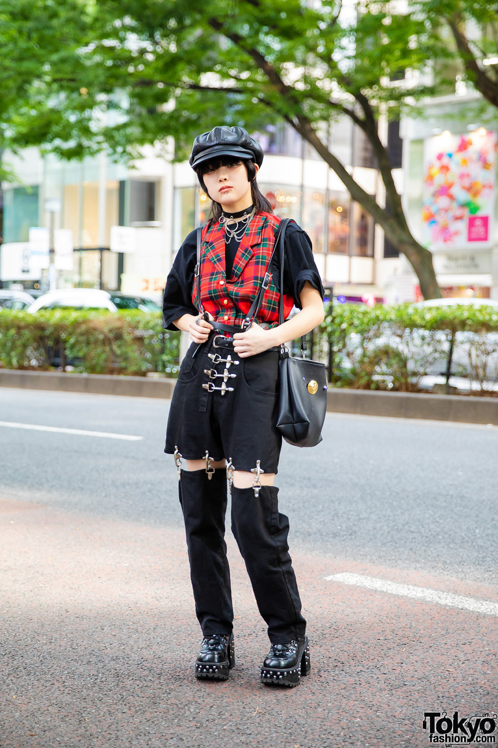Harajuku Girl Street Style w/ Newsboy Cap, Lip Piercings, Plaid Vest, Leather Harness, Pink House, (ME) Harajuku, MYOB Convertible Pants, Kobinai & Yosuke Studded Boots