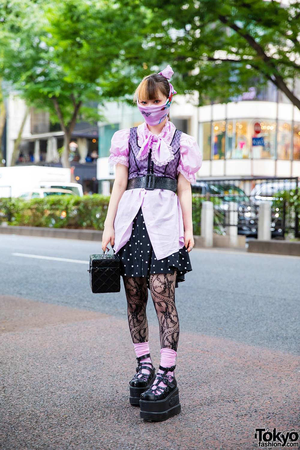 Black & Pink Tokyo Girl Street Style w/ Scarf Face Mask, Polka Dot Skirt, Quilted Box Bag & Demonia Platforms