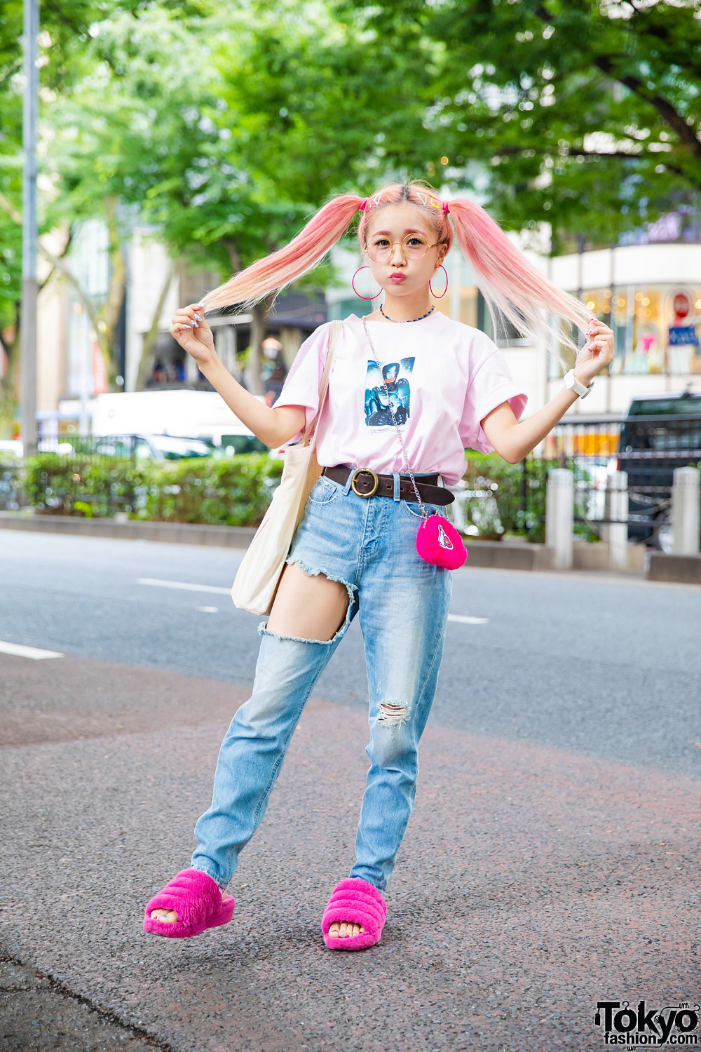Pink Twin Tails Harajuku Street Style w/ FR2 RoboCop T-Shirt, GYDA Cutout Jeans, Hotel New York & Ugg Fuzzy Slippers
