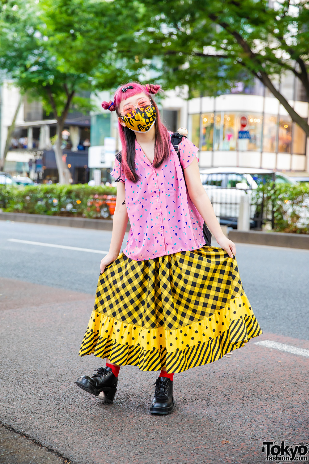 Japanese Cartoonist in Resale Street Style w/ Pink Twin Buns, Confetti Print Shirt, Multi-Print Maxi Skirt, Ben Davis Backpack & Leather Boots
