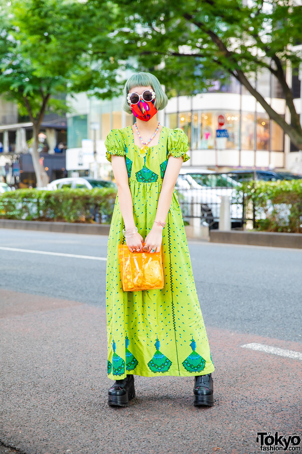 Fun Harajuku Kawaii Style w/ Green Fringed Bob, Sunflower Sunglasses, Printed Face Mask, Star Necklace, 6%DokiDoki, Resale Maxi Dress & Yosuke Platforms