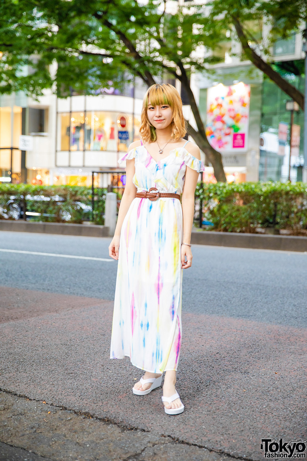 Harajuku Girl  Style w/ Curly Bob, Bless Accessories, Braided Belt, Cecil McBee Cutout Shoulder Maxi Dress & White Wedge Sandals