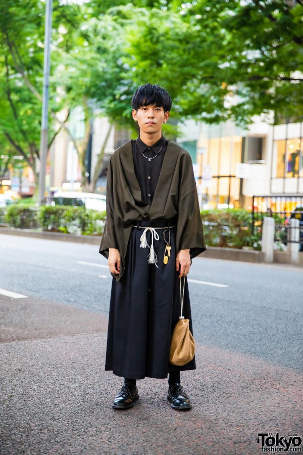 Kimono Street Style w/ Takahiro Miyashita The Soloist Jewelry, Kimono Jacket, Comme des Garcons, Juha Wide Pants, Hender Scheme Suede Bag & Haruta Leather Shoes
