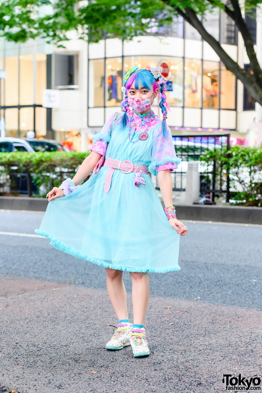 Pastel Kawaii Street Style w/ Unicorn Braids, 6%DokiDoki, Sheer Ruffle Dress, Glem Accessories, Cat Print Tote & Reebok Sneakers
