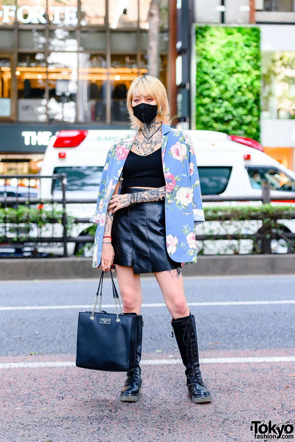 Japanese Tattoo Model in Harajuku w/ Black Mask, Funktique Floral Blazer, Belle Lingerie, Asymmetric Mini Skirt, Kendall + Kylie Tote & Open The Door Boots
