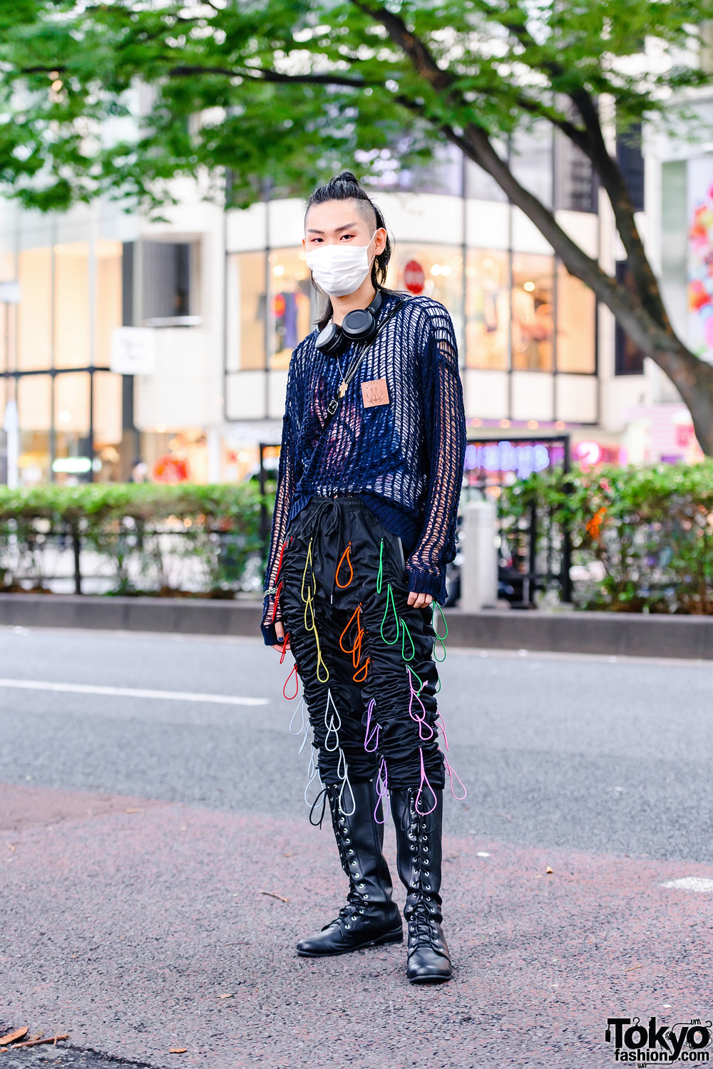 Harajuku Student w/ Top Knot Hairstyle in M.Y.O.B Loose Knit Sweater, EPTM Gather Pants, Lace-Up Tall Boots & Who's Who Gallery Crossbody Bag