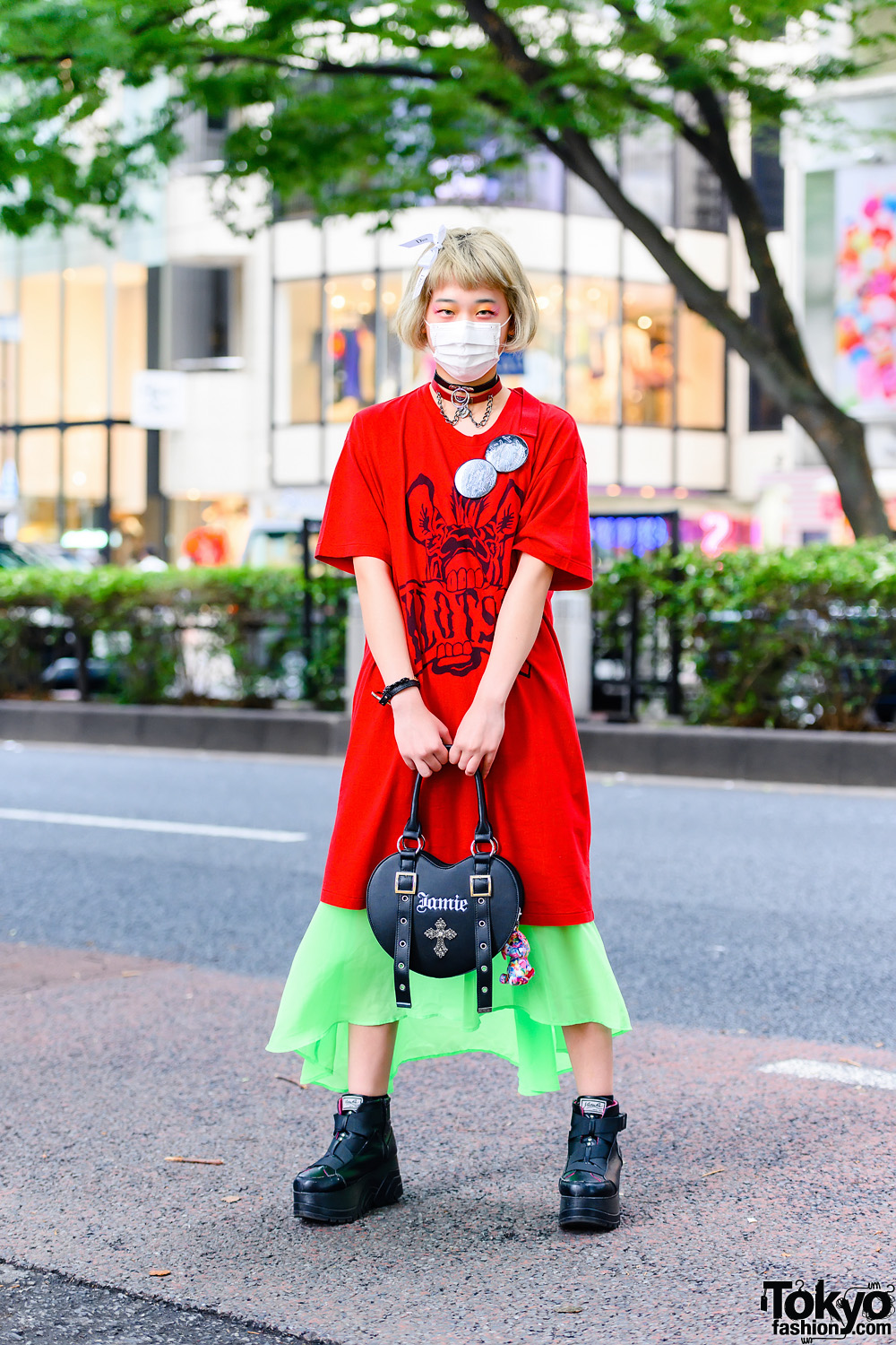 Japanese Teen Model in Harajuku w/ Fringed Bob, Dior Hair Bow, RNA T-Shirt Dress, 6%DokiDoki Chokers, Jamie ANK Heart Bag & Yosuke Platform Strap Boots
