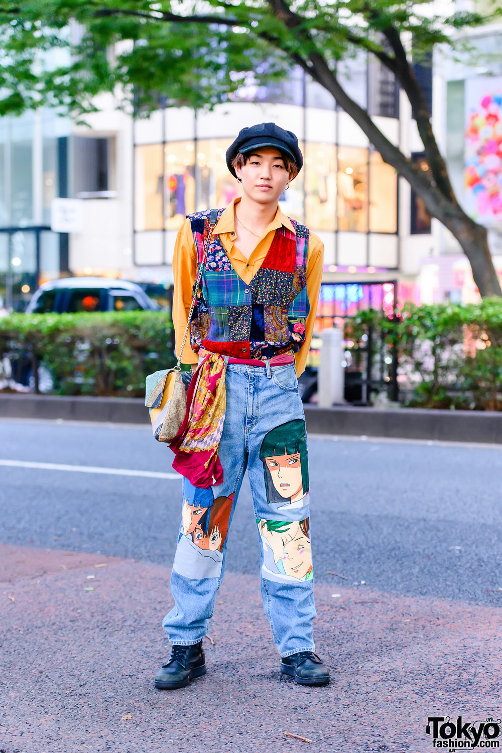 Harajuku Street Style w/ Beret, Gold Hoop Earrings, Patchwork Vest, Paul Smith, Remake Painted Jeans, Vintage Snakeskin Bag & Dr. Martens Boots