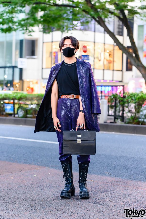 Tokyo Menswear w/ Single Horn Earring, Vintage Knuckle Rings, Purple Snakeskin Leather Suit, Jean Paul Gaultier Satchel Bag & Yosuke Boots