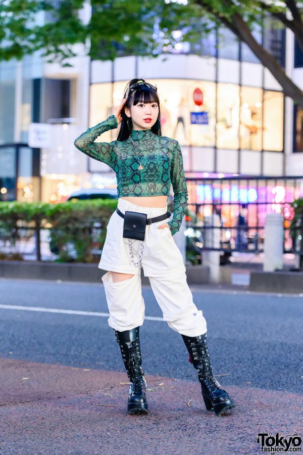 Snakeskin Crop Top Japanese Street Style w/ Aqua Hair Streaks, Jeremy Scott Sunglasses, WEGO Necklaces, WC, Cutout Pants, Belt Bag & Yosuke Boots