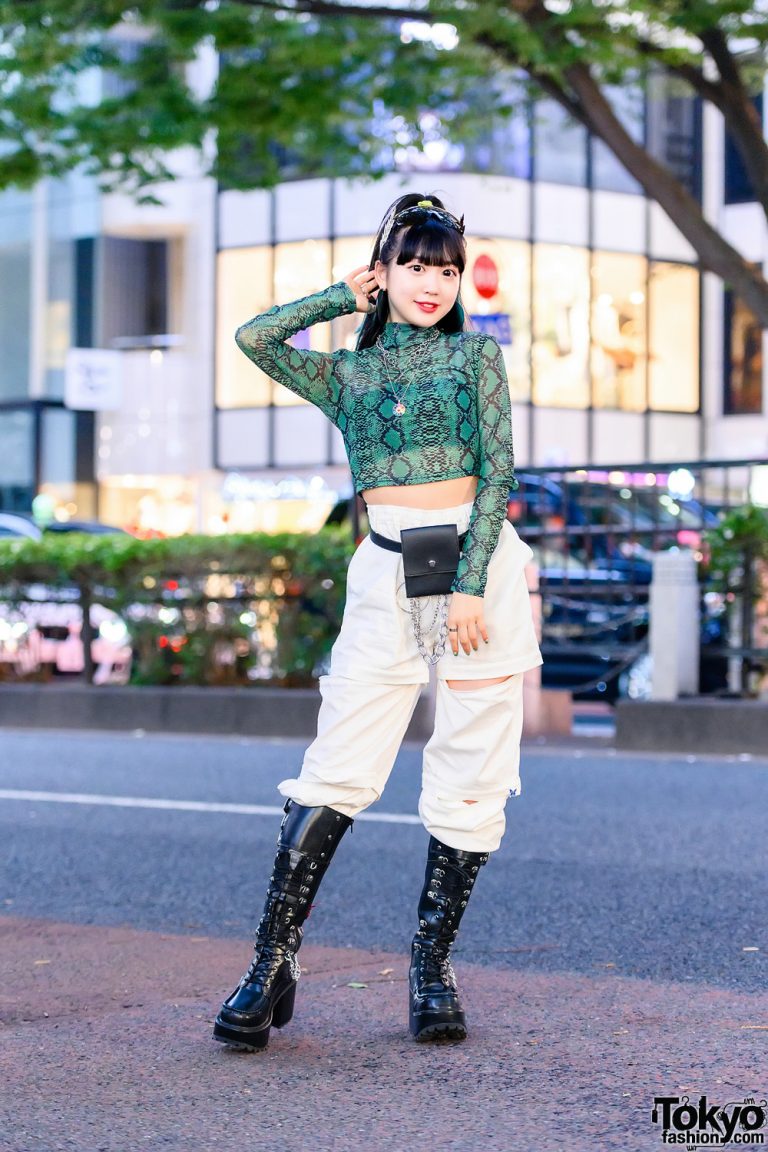 Snakeskin Crop Top Japanese Street Style w/ Aqua Hair Streaks, Jeremy ...