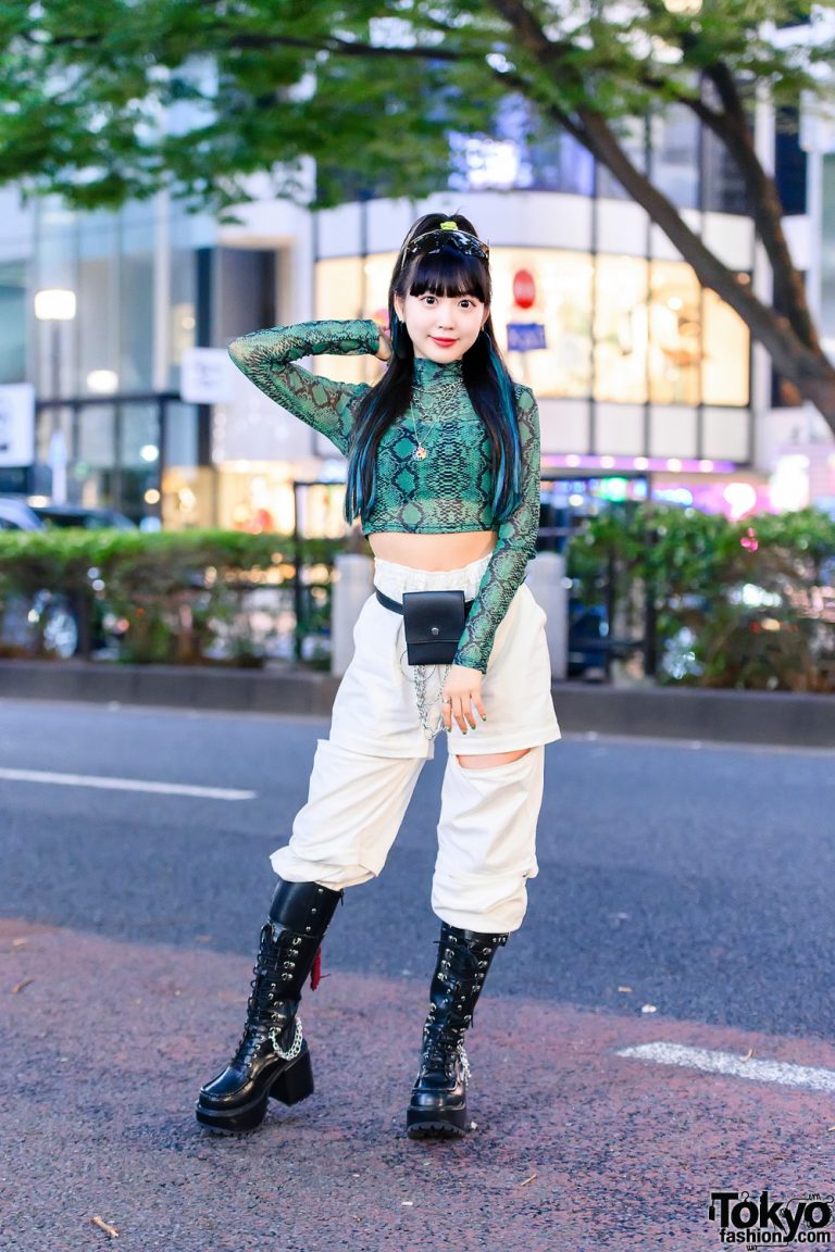 Snakeskin Crop Top Japanese Street Style w/ Aqua Hair Streaks, Jeremy ...