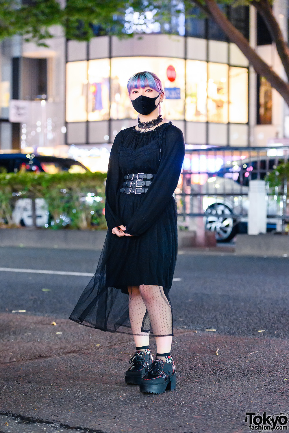 All Black Tokyo Style w/ Unicorn Ponytail, Lace Choker, Sheer Lingerie Dress Over Gypsy Dress, Corset Belt, Coach, OZZ, Mishka Backpack & Ankle Boots