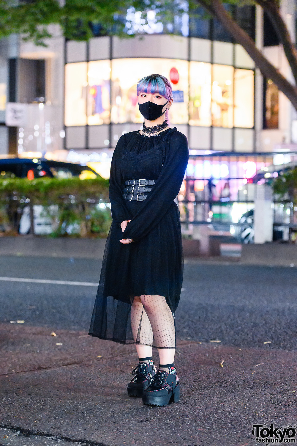 All Black Tokyo Style w/ Unicorn Ponytail, Lace Choker, Sheer