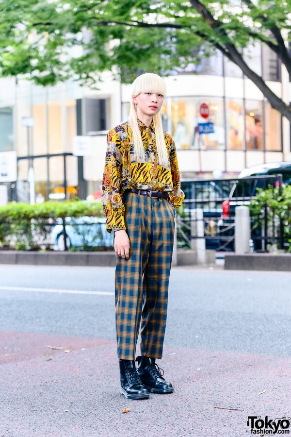 Print-on-Print Look in Harajuku w/ Blonde Ultra Mullet, Leather Belt, Abstract Print Shirt, Plaid Pants & Dr. Martens Boots