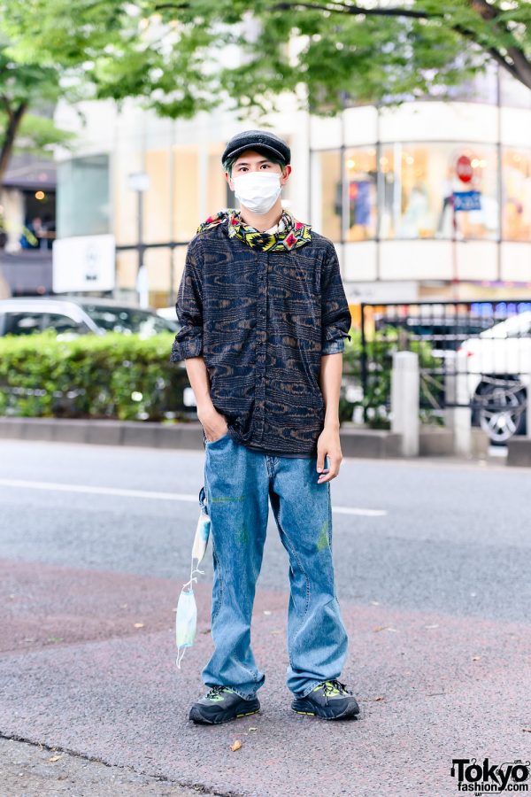 International Student in Baggy Jeans Style w/ Newsboy Hat, Printed Long Sleeves, Printed Scarf, Baggy Blue Jeans, Zara Shoes & Tied-Up Face Masks Accessory