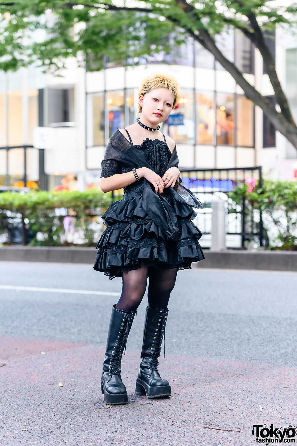 Gothic Grunge Tokyo Style w/ Cropped Hair, Spiked Choker, Tiered Corset Dress, Organza Shawl, Sheer Stockings & Demonia Knee-High Boots